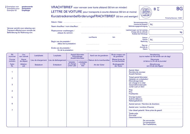 Vervoersdocument -50km (korte afstand)- 50 sets per blok-196